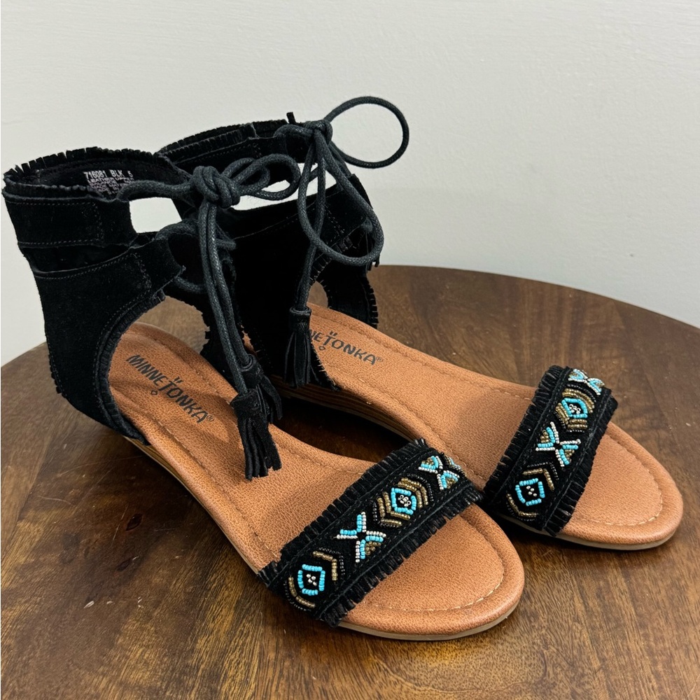 Minnetonka Black and Blue Beaded Sandals